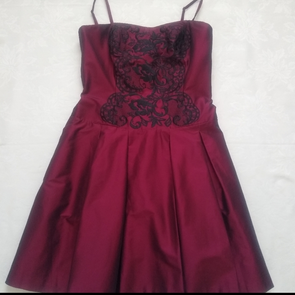 Corset bustier taffeta embroidered flare swing bordeaux wine dress Cocktail